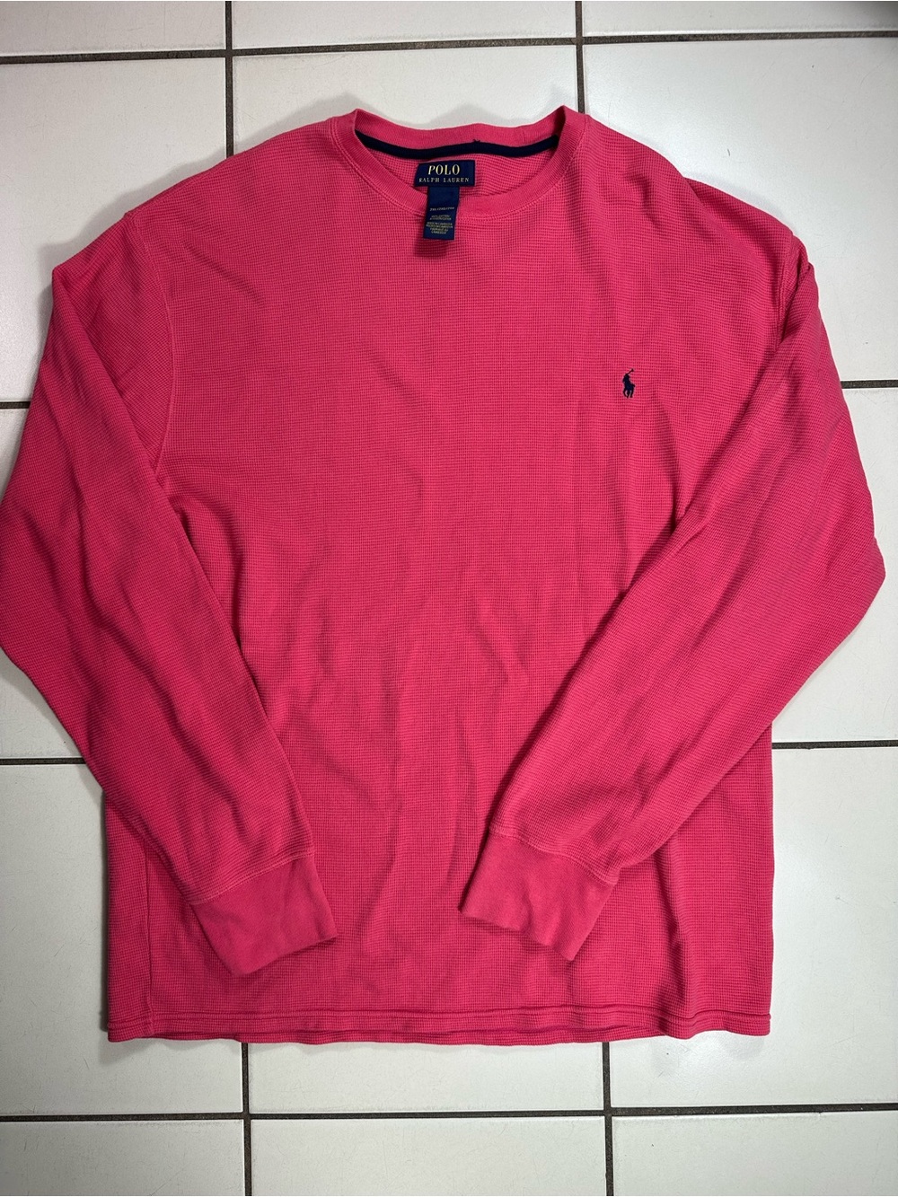 Polo by Ralph Lauren Men's Bright Pink Long Sleeve Crewneck Waffle Knit